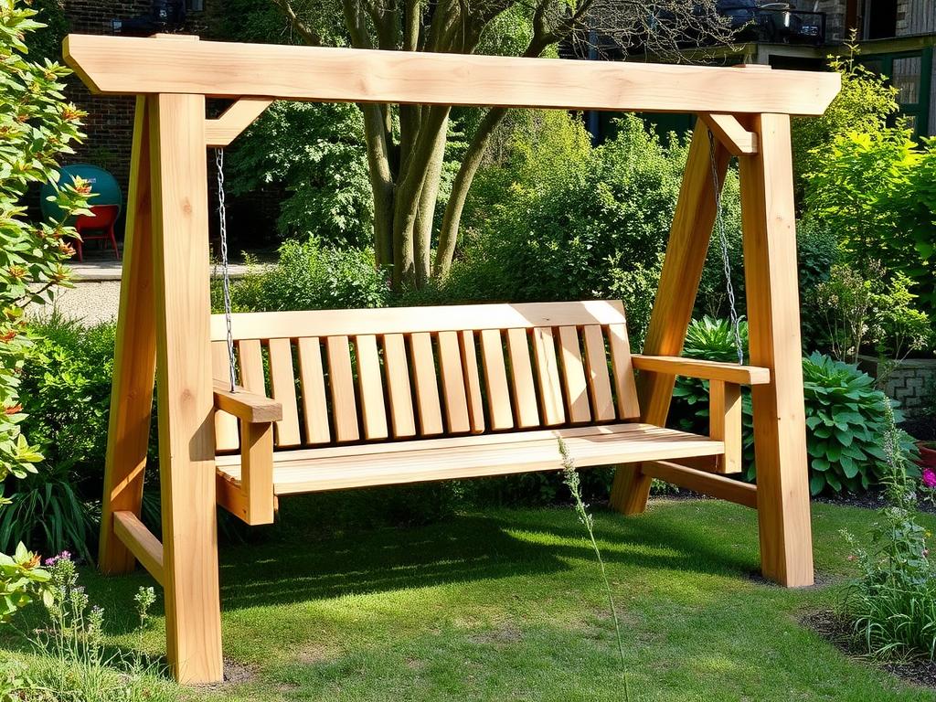 Drewniana huśtawka ogrodowa z kantówek w ogrodzie