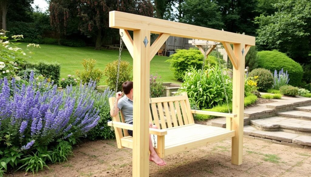 Gotowa huśtawka ogrodowa z kantówek w ogrodzie Gotowa huśtawka ogrodowa z kantówek w ogrodzie