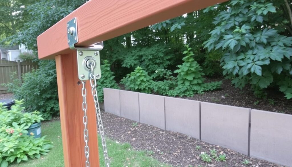 Montaż górnej belki huśtawki ogrodowej z kantówek Montaż górnej belki huśtawki ogrodowej z kantówek