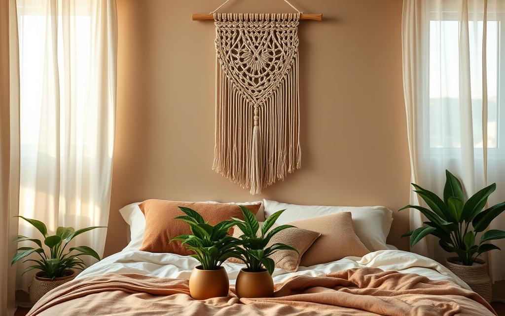 A boho-chic macrame wall hanging elegantly draped above a cozy bed in a warm, earthy-toned bedroom. Soft, natural lighting filters through sheer curtains, casting a serene, relaxing glow. The macrame piece features intricate knots and tassels, creating a mesmerizing textural focal point. Lush, verdant plants in ceramic pots add pops of greenery, complementing the muted tones of the bedding and textiles. The overall atmosphere is one of tranquility and rustic sophistication, perfectly embodying the bohemian aesthetic.
