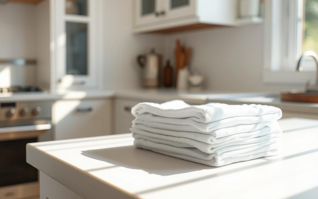 A bright, airy kitchen counter with a stack of freshly laundered kitchen towels, ready for bleaching. The towels are neatly folded, their crisp white surfaces awaiting the next step in the cleaning process. Sunlight streams in through a nearby window, casting a warm glow on the scene. The counter is clean and uncluttered, allowing the towels to take center stage. The overall mood is one of cleanliness, order, and anticipation, as the viewer prepares to learn the secrets of whitening these essential household items.