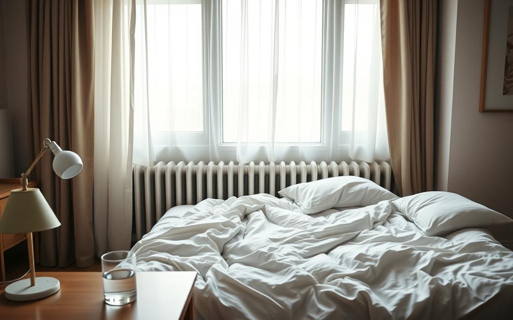 A cozy bedroom scene with a bed positioned directly under a large, curtained window. The bed is flanked by a radiator, casting a warm glow across the room. Soft, diffused daylight filters in, creating a peaceful ambiance. The bedding is rumpled, hinting at a restful slumber. In the foreground, a nightstand holds a reading lamp and a glass of water, while the background reveals a minimalist decor with a wooden floor and simple wall art. The overall atmosphere is one of comfort and relaxation, yet hints at the potential risks of sleeping so close to a heat source and an exposed window.