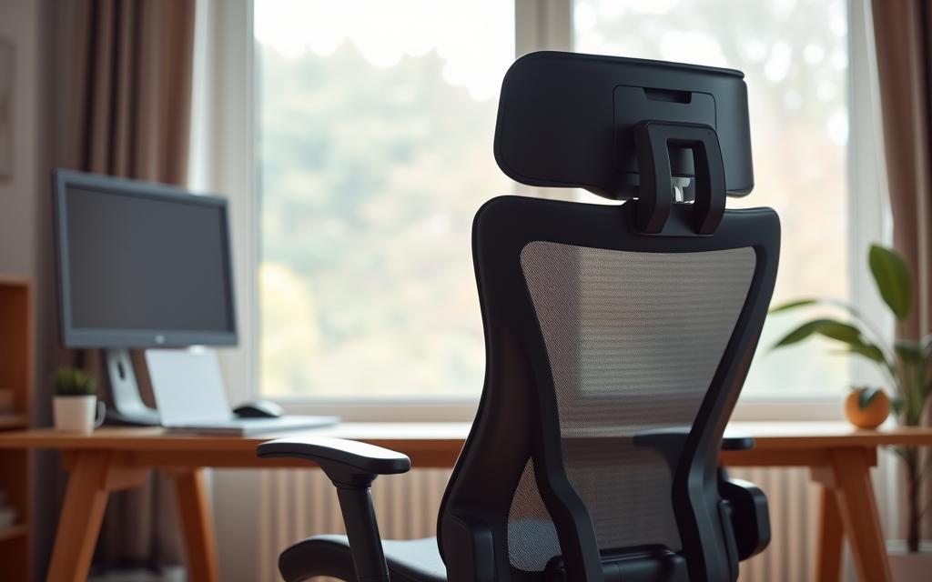 A cozy home office setting with a wooden desk situated near a large window, a modern and ergonomic office chair in the foreground. The chair has a high backrest, adjustable lumbar support, and a breathable mesh material for comfort. Soft, diffused lighting filters in through the window, creating a warm, productive atmosphere. The camera angle is positioned slightly above, capturing the elegance and functionality of the workspace. The overall scene conveys a sense of comfort, efficiency, and thoughtful design.