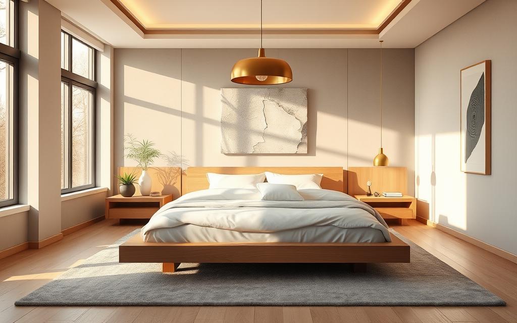 A luxurious and stylish bedroom interior featuring a plush, minimalist-inspired design. The room is flooded with warm, natural light streaming through large windows, casting a soft, ethereal glow. The focal point is a stunning, low-profile wooden bed frame with crisp, white bedding and sumptuous textiles. Flanking the bed are sleek, floating nightstands with minimal decor. The walls are adorned with abstract, textured artwork in muted, earthy tones, complementing the serene color palette. The space is completed by a cozy, grey area rug and a modern, brass pendant light hovering overhead, illuminating the room with a touch of glamour.