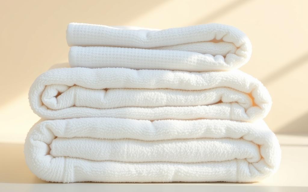 A neatly folded stack of freshly laundered towels, their plush texture and pristine white hue radiating a sense of cleanliness. The image is bathed in warm, natural lighting, highlighting the intricate terry cloth weave and the gentle folds that give the towels a soft, inviting appearance. The background is a minimalist, neutral-toned setting, allowing the towels to take center stage and convey a calming, spa-like atmosphere. The overall composition emphasizes the importance of proper towel care and the satisfying feeling of having clean, odor-free linens ready for use.