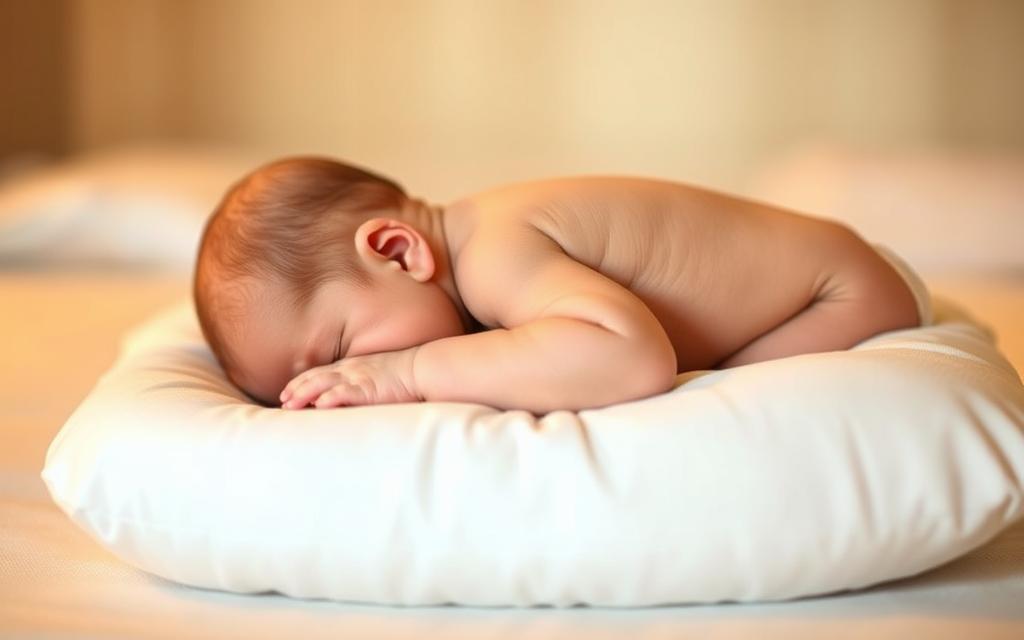 A newborn baby's head delicately positioned on a soft, plush pillow. The head is gently cradled, with the neck and spine aligned in a natural, ergonomic curve. Warm, diffused lighting illuminates the serene scene, creating a soothing, calming atmosphere. The pillow's surface is free of any wrinkles or creases, providing a smooth, comfortable surface for the baby's head. The image captures the importance of proper head positioning for an infant's healthy development and comfort, as outlined in the "Head care jak używać: Kroki do prawidłowego układania dziecka" section.