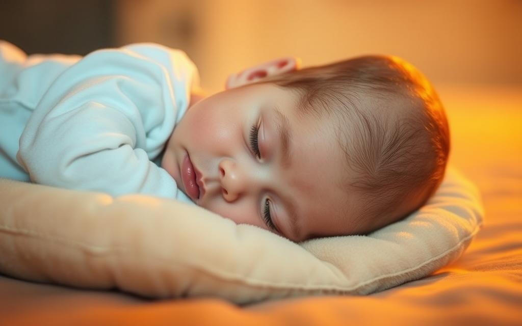 A sleeping infant nestled on a soft, plush pillow, with their head slightly tilted to the side, showcasing common positioning errors that can lead to uneven head shape development. The lighting is warm and diffused, creating a serene, intimate atmosphere. The camera captures the scene from an eye-level perspective, drawing the viewer's attention to the delicate features of the child's face and the subtle imperfections in the pillow's alignment. The background is subtly blurred, maintaining focus on the central subject and emphasizing the importance of proper head care for the infant's healthy growth and development.