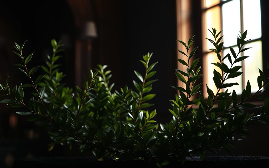 Graceful laurel leaves adorn a serene, dimly lit interior. Soft, warm light filters through a window, casting gentle shadows across the verdant foliage. The laurel sprigs are arranged artfully, suggesting an age-old tradition, a symbol of wisdom and protection. The scene evokes a sense of timelessness, a quiet reverence for the ancient power of this sacred plant. Textures are rich and tactile, inviting the viewer to imagine the soft, leathery touch of the leaves. An atmosphere of tranquility and contemplation permeates the image, hinting at the mystical, superstitious beliefs surrounding the laurel's talismanic properties.