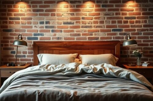 cegła w sypialni za lozkiem