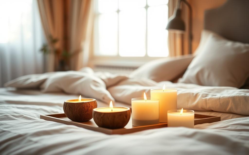 Świece w szkle i kokosie w sypialni