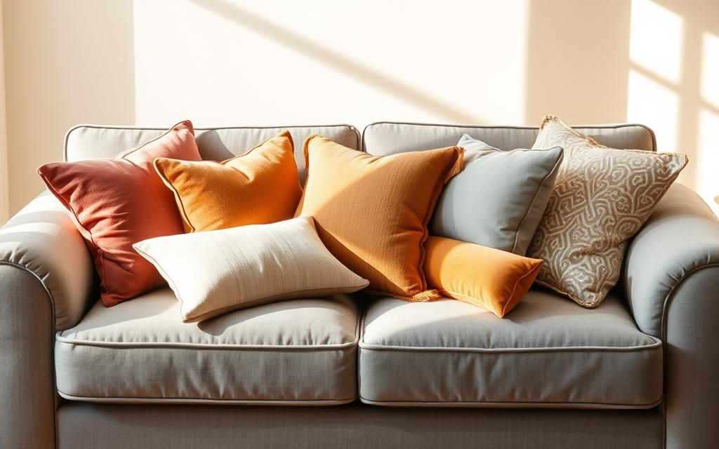 poduszki na szarej kanapie inspiracje