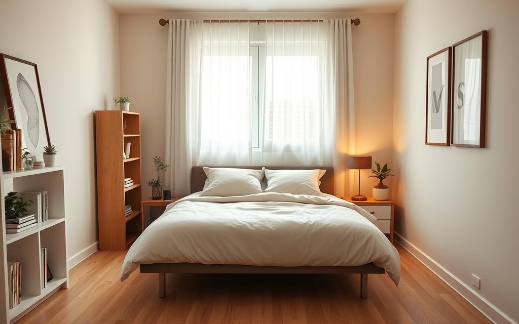 mała sypialnia łóżko pod oknem