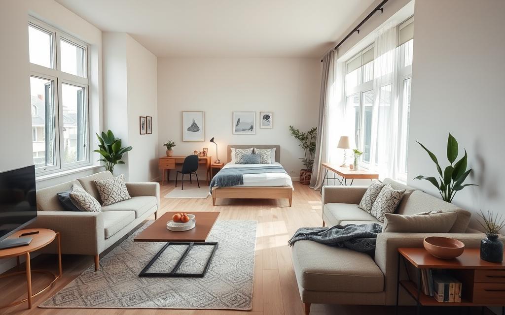 rozkład mebli w pokoju dziennym z sypialnią