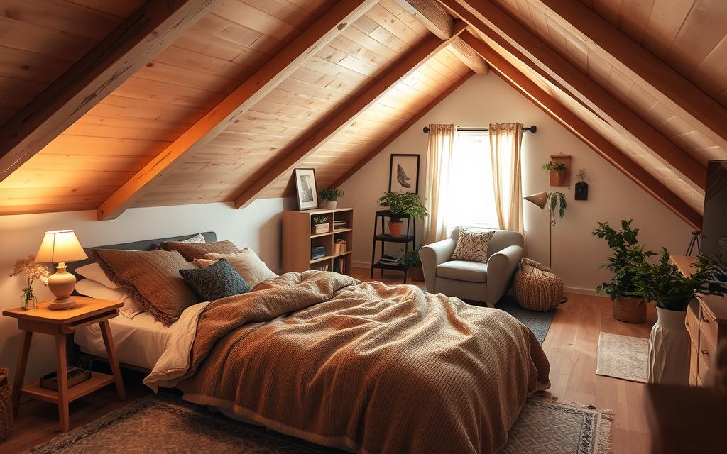 sypialnia na niskim strychu